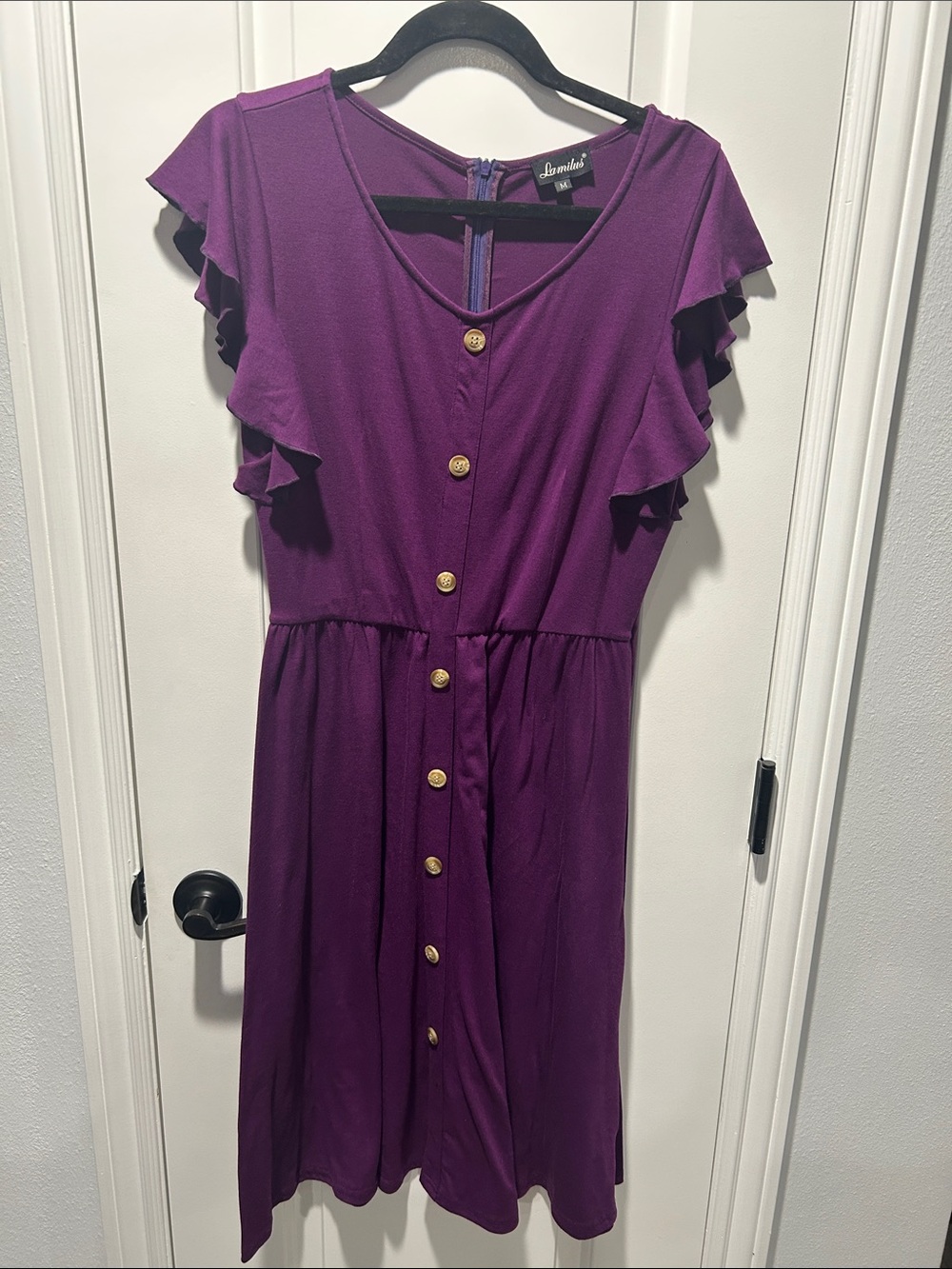 Purple Button-Front Ruffle Sleeve Midi Dress